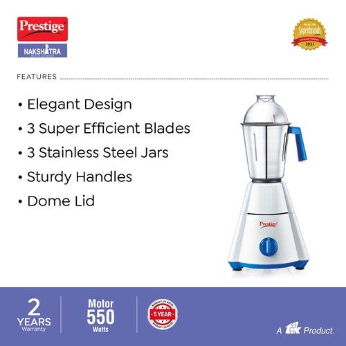 Prestige 550 Watts Nakshatra Mixer Grinder with 3 Stainless Steel Jars|3 Dome Lid| 3 Super Efficient Blades|Sturdy Handles