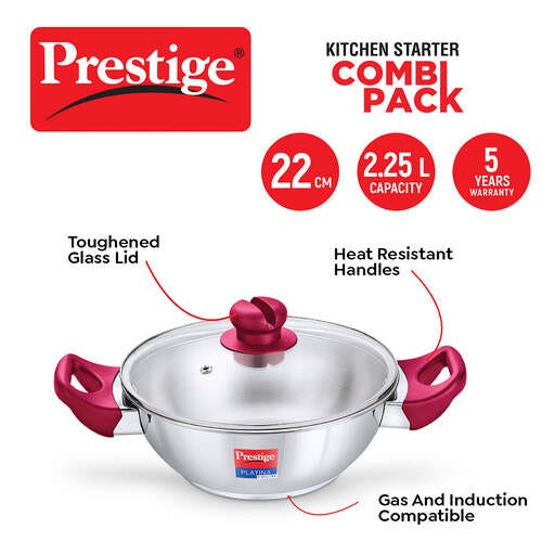 Prestige Nakshatra Alpha Gas and Induction Compatible Pressure Cooker (3.5 L) + Platina Popular Kadai with Glass Lid, 22 cm (2.25 L) Kitchen Set