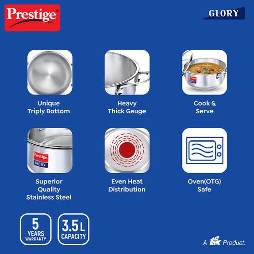 Prestige Glory Stainless Steel Cookware Kadai With Glass Lid