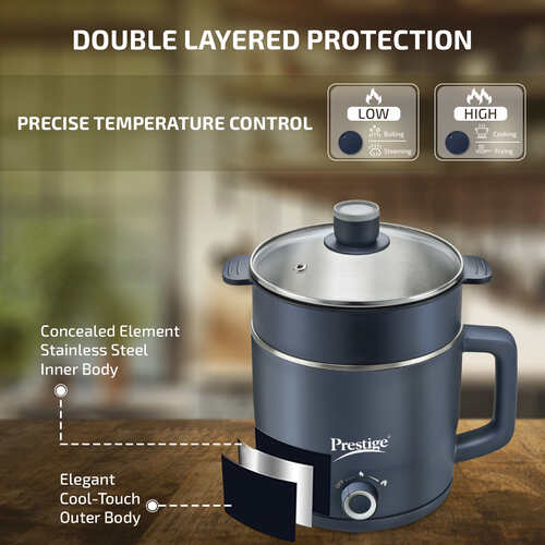 Prestige Multi-Cooker 1.5 Litre PMC 4.0 with Steamer and Egg Rack| Precise Temperature Control| Elegant Glass Lid| Concealed Element| 360 Degree Swivel| Cool Touch Handle