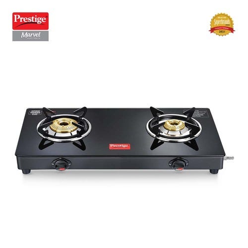 Prestige Marvel Glass Top Gas Stove (2 Burners) with Auto Ignition | Trip-pin Burners | Additional Drip Tray