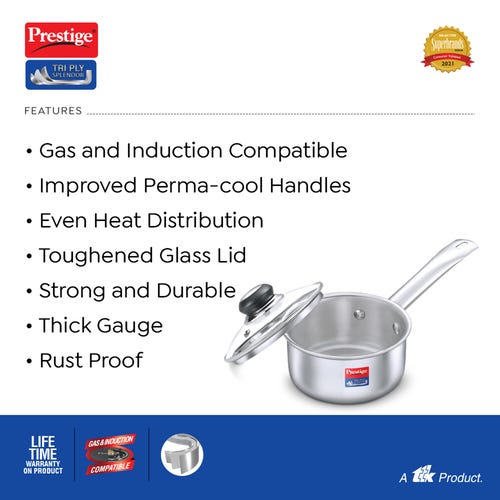 Prestige 18cm/2L Tri-Ply Stainless Steel Splendor Sauce Pan with Glass Lid|Gas and Induction Compatible| Even Heat Distribution|Strong and Durable| Perma-Cool Handles| Lifetime Warranty