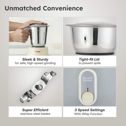 Prestige Delight 750 W Mixer Grinder, 3 Stainless Steel Jars (1500 ml, 1000 ml, 300 ml) (Charcoal Grey)