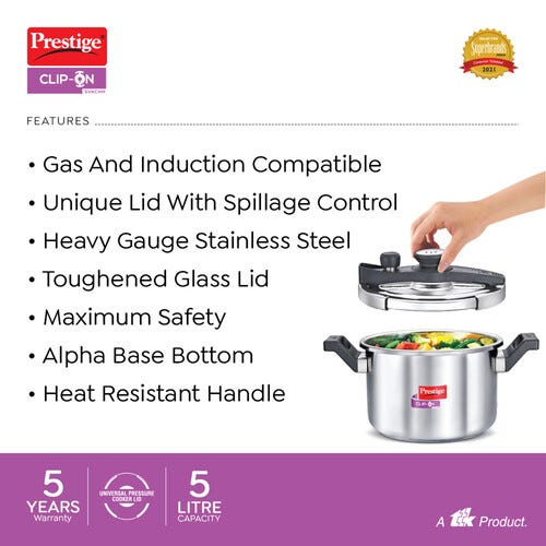 Prestige Clip-on Svachh Stainless Steel Spillage Control Pressure Cooker with Glass Lid, 5 L (Silver)