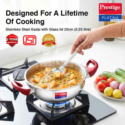 Prestige Platina Popular Stainless Steel Unique Impact Forged Bottom Kadai with Toughened Glass Lid, 22cm (2.25 L) (Silver)