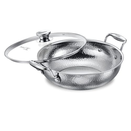 Prestige Tri Ply Hammered Stainless Steel Kadai with Glass Lid