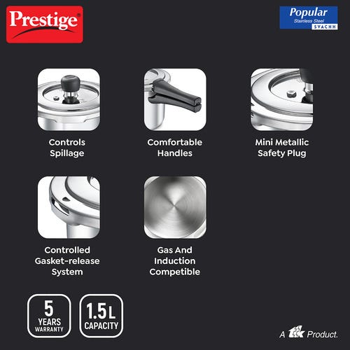 Prestige Svachh Popular Spillage Control Stainless Steel Pressure Cooker, (Silver) | Gas and Induction Compatible