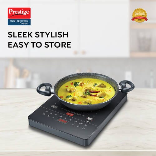 Prestige Swish 2000W Easy Store Design Induction Cooktop (Black) with Omega Deluxe Induction Compatible Non-stick Kitchen Set 3 Pcs BYK, Maroon