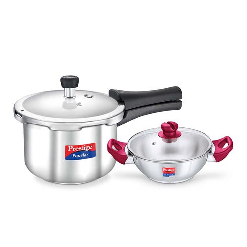 Prestige Popular Gas and Induction Compatible Pressure Cooker (3 L) + Platina Popular Kadai with Glass Lid, 22 cm (2.25 L) Kitchen Set