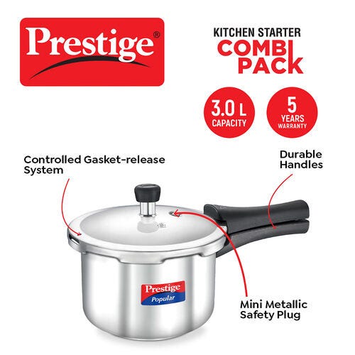 Prestige Popular Gas and Induction Compatible Pressure Cooker (3 L) + Platina Popular Kadai with Glass Lid, 22 cm (2.25 L) Kitchen Set