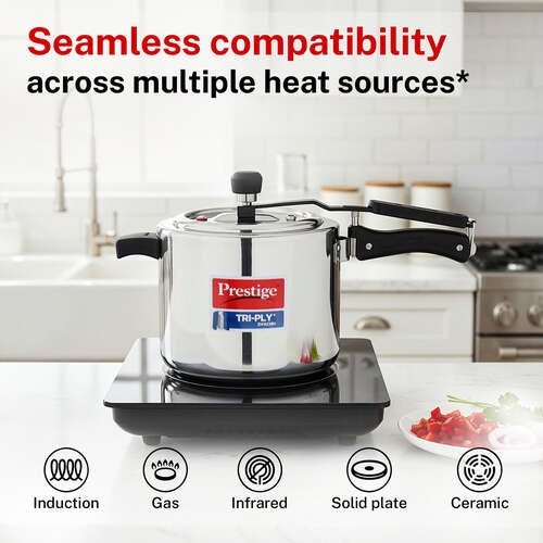 Prestige 5 L Tri-Ply Svachh Inner Lid Pressure Cooker| Gas and Induction Compatible| Spillage Control| Even Heat Distribution| Low Cooking Oil| Faster Cooking| 5 Years Warranty| Silver