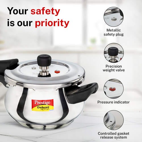 Prestige 3 Litre Stainless Steel Deluxe Alpha Svachh Outer Lid Pressure Cooker | Mini Handi | 10Y Warranty | Deep Lid for Spillage Control | TRIPLY Base | GRS | Gas & Induction Compatible | ISI