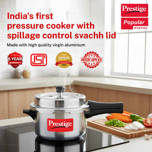 Prestige 4 Litre Aluminium Popular Svachh Outer Lid Pressure Cooker | Deep Lid for Spillage Control | Anti-Bulge Base | Gasket Release System | 5Y Warranty | ISI Certified