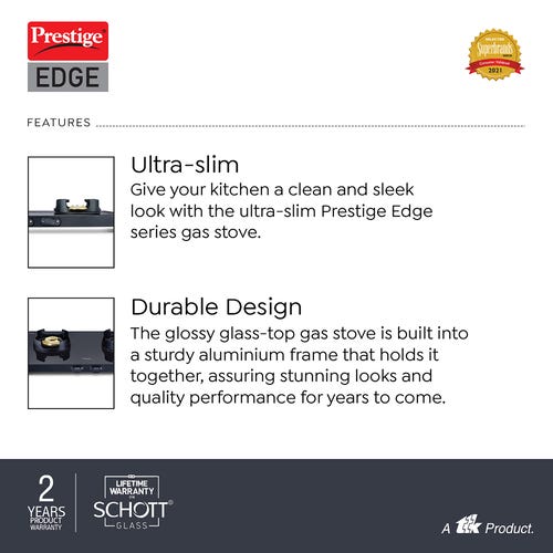 Prestige Edge Manual Powder Coated Gas Stove, Black | Ultra-slim | World's Slimmest Cook-Top