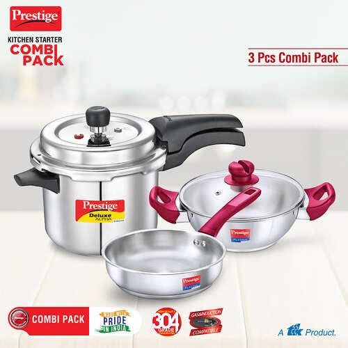 Prestige Deluxe Alpha 3.5 L Pressure Cooker + Platina Popular 22 cm (2.25 L) Kadai with Glass Lid and Platina Popular 22 cm (1.9 L) Fry Pan Kitchen Set