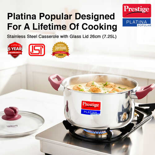 Prestige Platina Popular Stainless Steel Unique Impact Forged Bottom Casserole with Glass Lid, 26cm (7.25 L) (Silver)