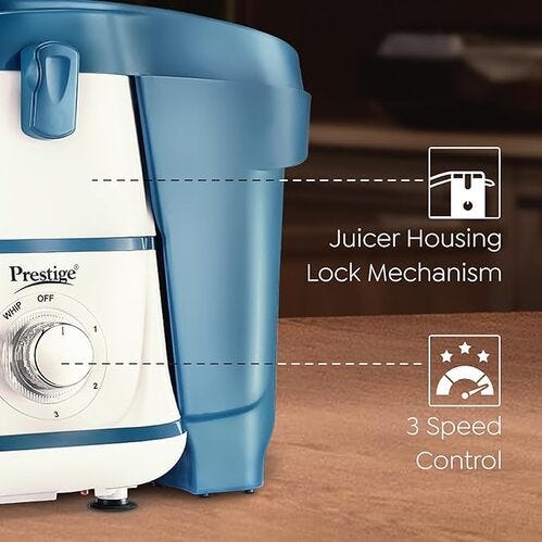 Prestige 500 Watts Breeze Juicer Mixer Grinder with 3 Jars(2 Stainless Steel Jars + 1 Juicer Jar)|Detachable Pulp Collector|Double Lock System|Efficient Stainless Steel Sieve|Juice Outlet|Blue & White