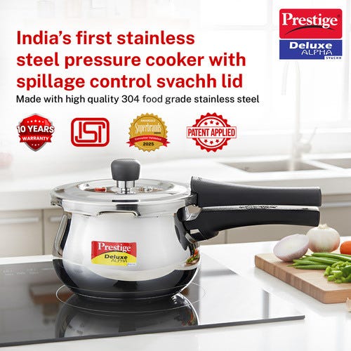 Prestige Deluxe Alpha Svachh Stainless Steel Spillage Control Pressure Cooker (Silver)