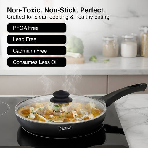 Prestige Omega Deluxe Granite Non-stick Round Base Fry Pan with Glass Lid, 28cm, 3L (Black)