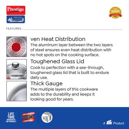 Prestige 18cm/2L Tri-Ply Stainless Steel Splendor Sauce Pan with Glass Lid|Gas and Induction Compatible| Even Heat Distribution|Strong and Durable| Perma-Cool Handles| Lifetime Warranty