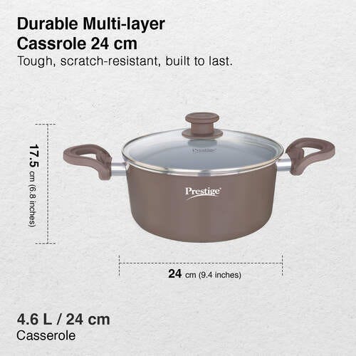 Prestige Ceraglide Duo Ceramic Coating Non Stick Aluminium Cookware Casserole Dia 24 cm (4.6 Litre) with Glass Lid