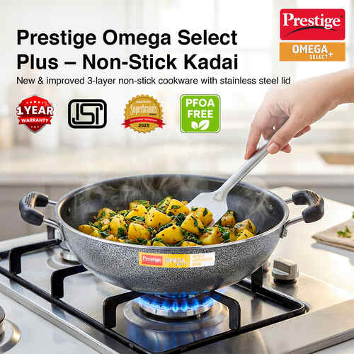Prestige Omega Select Plus Aluminium Flat Base Non-Stick Coating Kadai with SS Lid, 27cm (Black)