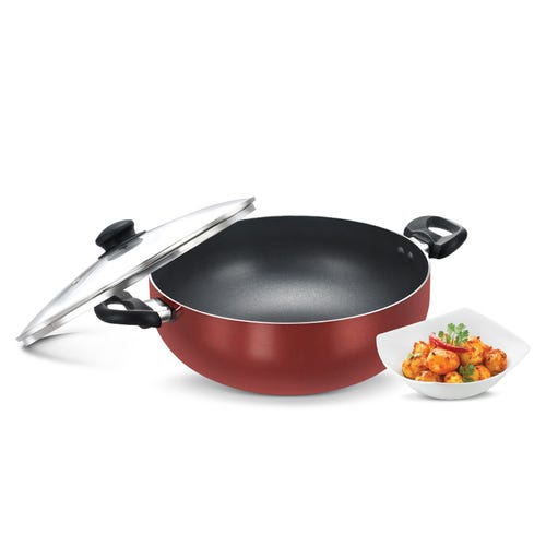 Prestige Omega Deluxe Aluminium Non-Stick Round Base Deep Kadai with Glass Lid (Red) 30 cm
