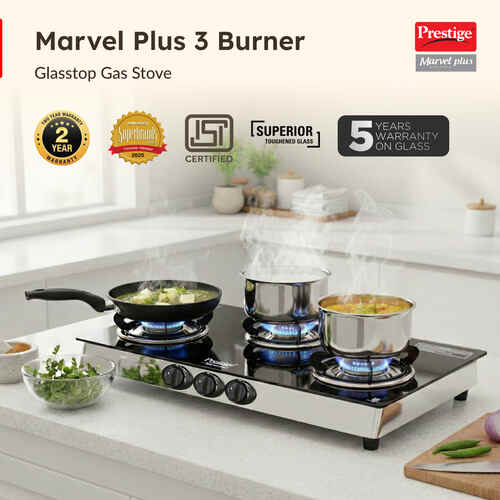 Prestige Marvel Plus GTM 03L SS Manual Stainless steel 3 Burners Gas Stove, Black