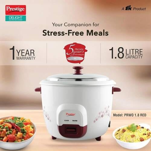 Prestige Delight PRWO 1.8 Red 700W| 1 Aluminium Cooking Pan Electric Rice Cooker with Steaming Feature (1.8 L, White, Red)