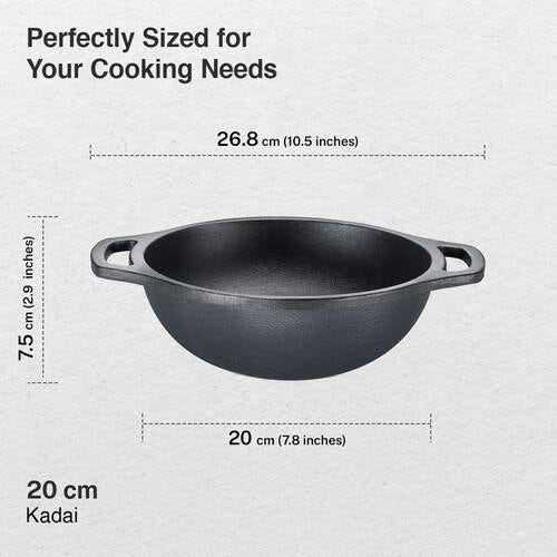 Prestige Cast Iron Kadai 20cm/1L | Neocast Flo | Non-Stick | Chemical Free | Preseasoned | Sturdy Handle | Healthy Eating | Gas & Induction Compatible | Lifetime Warranty