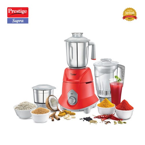 Prestige Supra 750 W Mixer Grinder, 3 Jars (1500 ml, 1500 ml, 300 ml) (Red, Silver)