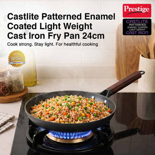 Prestige Castlite Patterned Enamel Coated Cast Iron Fry Pan 24cm/1.5L | High Heat Retention, Rust-Proof | Gas & Induction Compatible | Low-Oil Cooking | Stay-Cool Handle | Easy Clean | 15Y Warranty