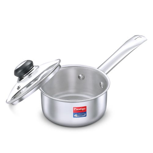 Prestige 18cm/2L Tri-Ply Stainless Steel Splendor Sauce Pan with Glass Lid|Gas and Induction Compatible| Even Heat Distribution|Strong and Durable| Perma-Cool Handles| Lifetime Warranty