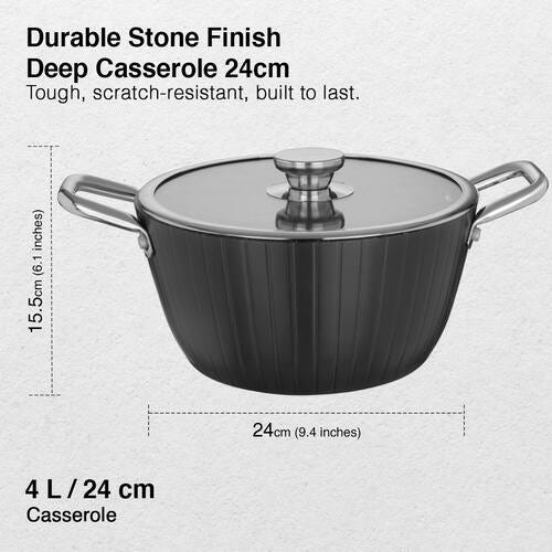 Prestige Durastone Hard Anodised 6 Layer Non-Stick Casserole with Glass Lid, (24 cm, 4 Litre) (Black)