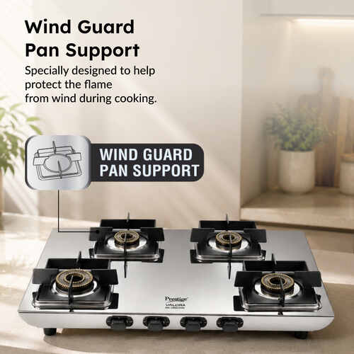 Prestige Valora Stainless Steel L.P. Gas Stove (With Stainless Steel Body and 4 Unit Brass Burners)