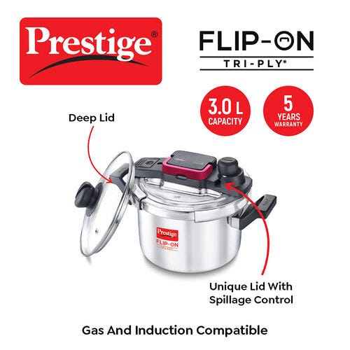 PRESTIGE FLIP-ON TRI-PLY STAINLESS STEEL PRESSURE COOKER