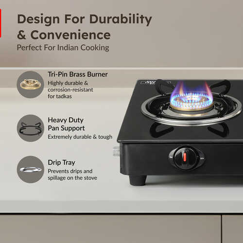 Prestige Iris 2 Burner Gas Stove | Toughened Glass Top | Tri-Pin Brass Burners | Ergonomic Knob | Black | 2Y Warranty | ISI Certified