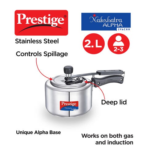 Prestige Nakshatra Alpha Svachh Stainless Steel Spillage Control Pressure Cooker (Silver)
