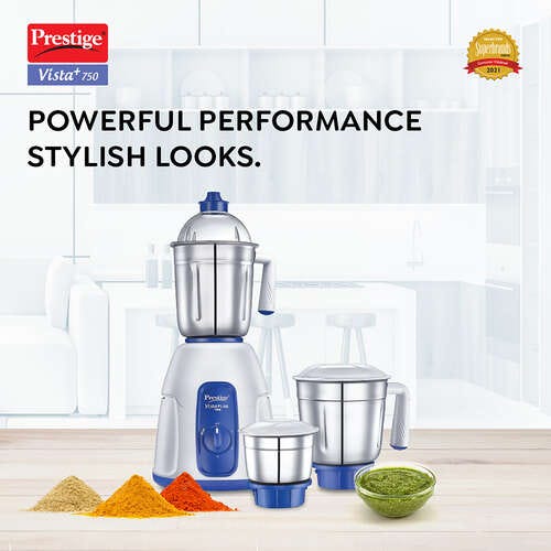 Prestige Vista Plus 750W Mixer Grinder with 3 Stainless Steel Jars(White & Blue, Superior Grade Plastic Body, Wet jar-1550ml, Dry Jar-1300ml, Chutney Jar-480ml)