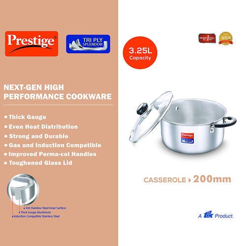 Prestige 20cm/3.25L Tri-Ply Stainless Steel Splendor Casserole with Glass Lid|Gas and Induction Compatible| Even Heat Distribution|Strong and Durable| Perma-Cool Handles| Lifetime Warranty