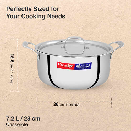 Prestige 28cm/7.2L Tri-Ply Stainless Steel Splendid Casserole| Gas and Induction Compatible |Even Heat Distribution| Thick Gauge Tri-Ply Body| Perma Cool Handles|15 Year Warranty