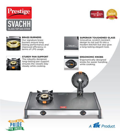 Prestige Svachh Glass Top Gas Stove GTSV | Liftable Burners | Ergonomic Knobs