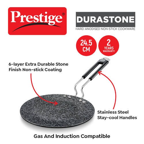 Prestige Durastone Hard Anodised 6 Layer Non-Stick Concave Tawa, (Black)