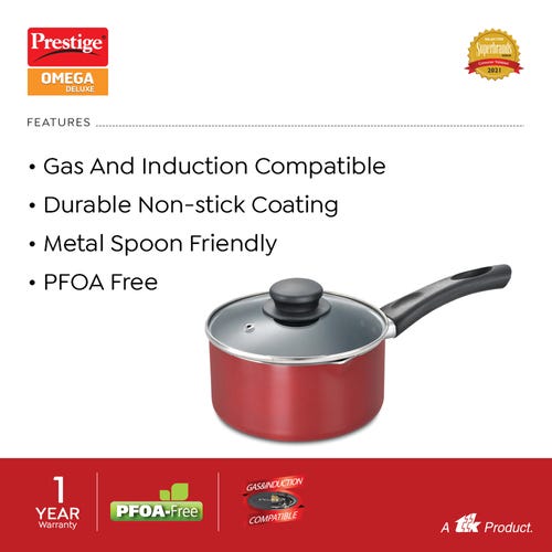 Prestige Omega Deluxe Aluminium Induction Base Non-Stick Milk Pan with Glass Lid, (Red)