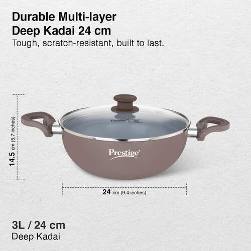 Prestige Ceraglide Duo Ceramic Coating Non Stick Aluminium Cookware Deep Kadai Dia 24 cm (3.0 Litre) with Glass Lid