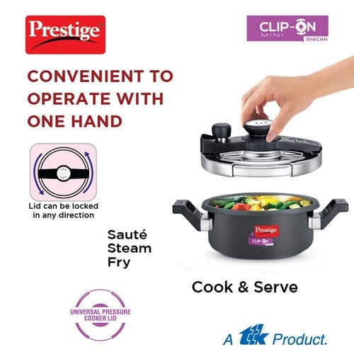 Prestige Clip-on Mini Svachh Hard Anodised Pressure Cooker with Glass Lid, (Black and Silver)
