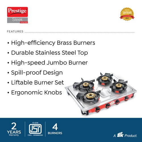 Prestige Svachh Sleek 4B with Liftable Burners Stainless Steel Manual Gas Stove
