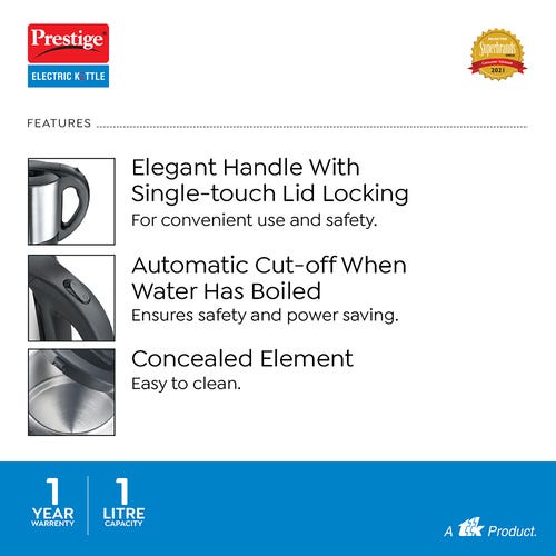Prestige PKSS 1.0 Stainless Steel Electric Kettle 1350W, 1.0L (Silver)