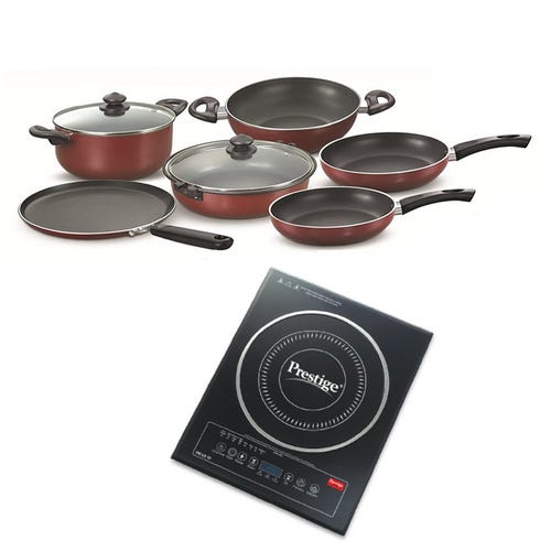 Prestige Omega Deluxe Aluminium Non-Stick 6 Pc Cookware Set with PIC 2.0 V2 2000W Indian Menu Options Induction Cooktop (Black)