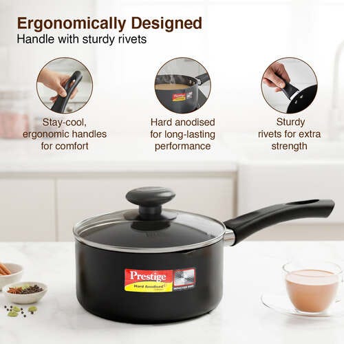 Prestige Hard Anodised Plus Gas and Induction Compatible Milk Pan with Glass Lid, 16cm, 1.5 L (Black)